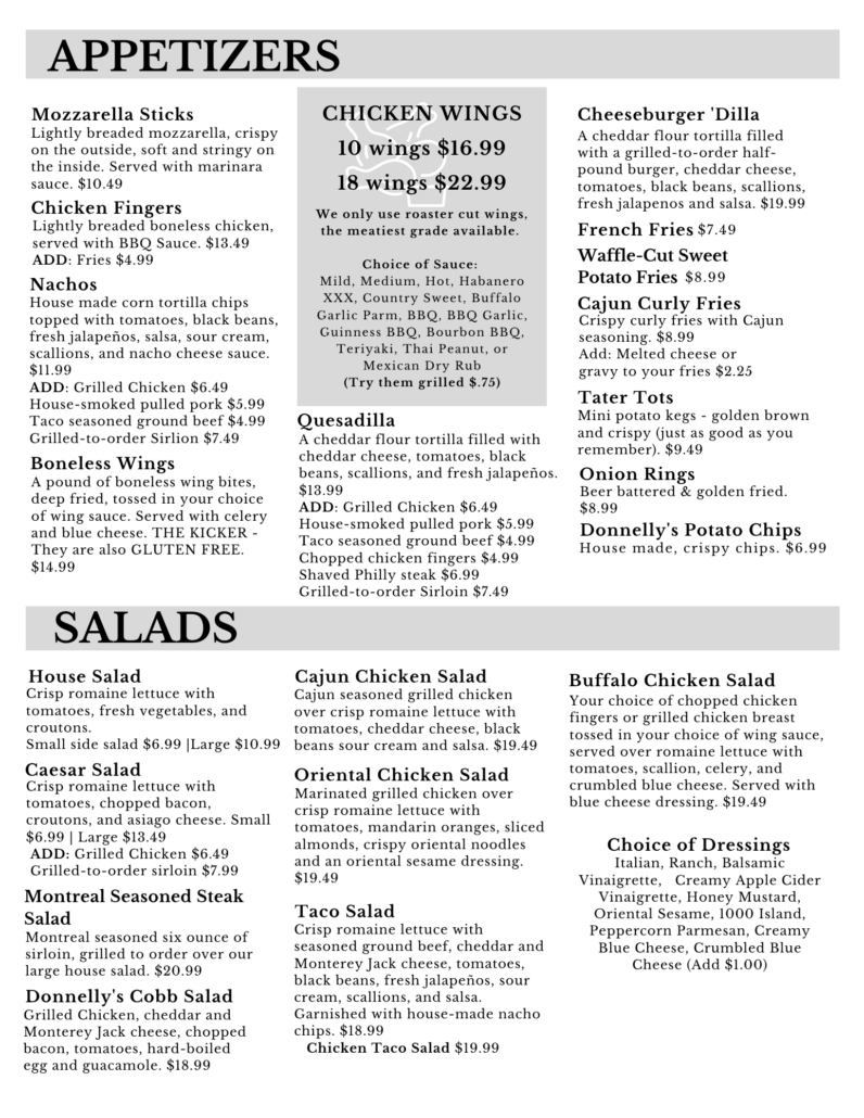Three-column restaurant menu page featuring an 'APPETIZERS' header, left and right columns with item descriptions (Mozzarella Sticks, Chicken Fingers, Nachos, etc.), and a gray central panel highlighting Chicken Wings specials and sauce options.